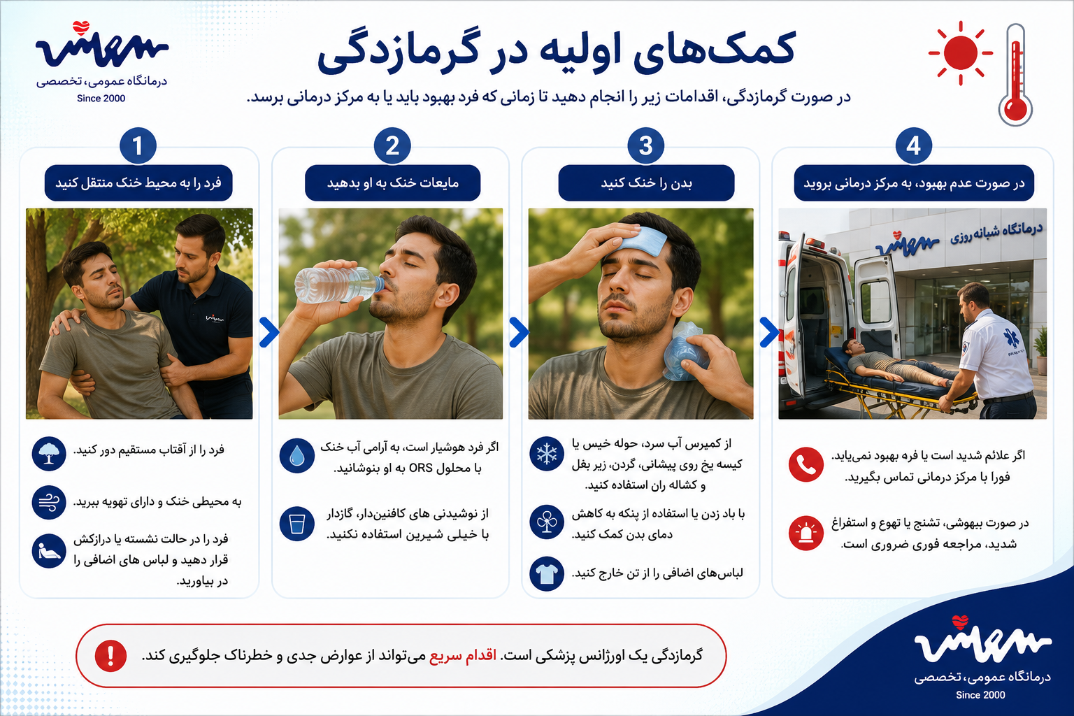 کمکهای اولیه گرمازدگی؛ انتقال به محیط خنک، نوشیدن آب و کمپرس سرد